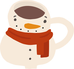 Winter, Christmas cup of hot drink. Mug with cocoa, coffee or tea, png illustration in flat cartoon style. Isolated on transparent background