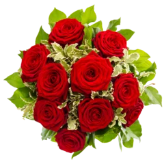 Foto auf Acrylglas PNG Red roses bouquet green leaves isolated transparent background © LiliGraphie