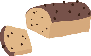 Sweet banana bread with chocolate crisp sliced, png illustration in flat cartoon style. Isolated on transparent background