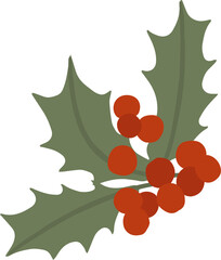 Holly brunch with berries and leaves, png illustration in flat cartoon style. Isolated on transparent background