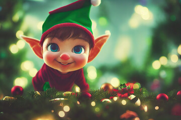 An adorable little elf with Christmas gifts and Christmas background - obrazy, fototapety, plakaty