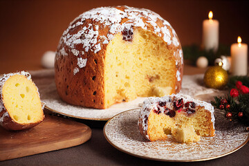 Delicious Panettone with candied fruits, typical Italian sweet Pandoro with blurred Christmas...