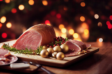 Traditional Christmas smoked roast pork ham sliced ​​on wooden cutting board with Christmas...