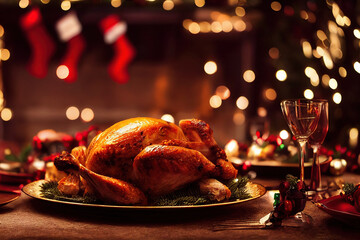 Juicy and tasty roast turkey on plate with Christmas decoration