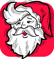 Funny Santa Claus face, hand drawn cartoon character, comic personage vector illustration. Decorative element, poster print, Christmas party invitation, postcard design. Traditional winter celebration