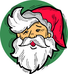 Funny Santa Claus face, hand drawn cartoon character, comic personage vector illustration. Decorative element, poster print, Christmas party invitation, postcard design. Traditional winter celebration