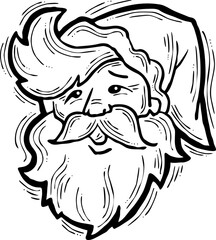 Funny Santa Claus face, hand drawn cartoon character, comic personage vector illustration. Decorative element, poster print, Christmas party invitation, postcard design. Traditional winter celebration