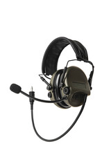Protective headphones on a white. Safety equipment. Headphones for noise reduction. Light back.