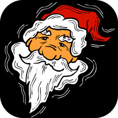 Funny Santa Claus face, hand drawn cartoon character, comic personage vector illustration. Decorative element, poster print, Christmas party invitation, postcard design. Traditional winter celebration