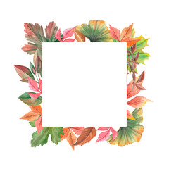 Watercolor elegant autumn square frame with botanical elements. Forest colorful leaves and branches.