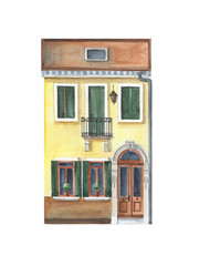 Fototapeta na wymiar Watercolor hand-drawn elegant house isolated on white. European architecture art - facade with wooden door and window. Traditional portuguese and italian old building.