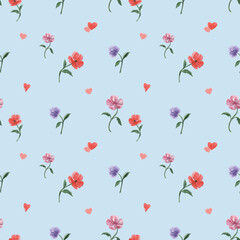 Seamless botanical pattern with watercolor flowers for home textile. Red and pink branches at blue background.