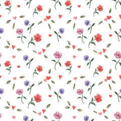 Elegant floral seamless pattern with watercolor flowers and hearts. Illustration for textile and packing in rustic vintage style.