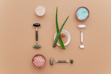 Natural homemade various eco-friendly items from the bathroom for face and body care and hygiene on a beige background. Zero waste self-care concept. View from above.Top view
