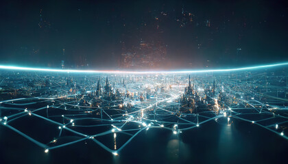 The concept of a high-speed internet connection visualized as cables linking up in a spectacular futuristic and cyberpunk cityscape with skyscrapers. Digital art 3D illustration.