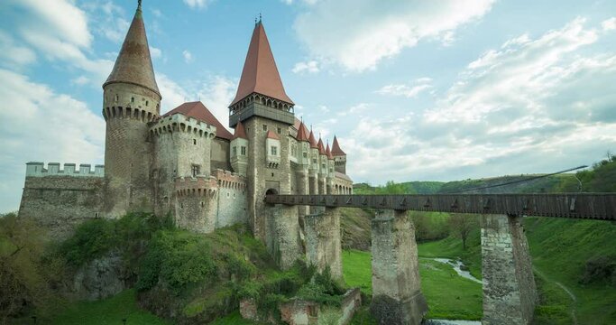 Zoom in Timelapse view of medieval Hunyad / Corvin's Castle landmark. Hunedoara town, Transylvania, Romania, Europe, history,zoom in,4k,ancient,architectural,architecture,attraction,bridge,building