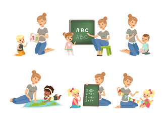 Cute Little Boy and Girl Sitting on the Floor Studying and Learning Alphabet and Geography with Young Teacher Vector Set