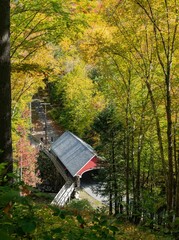 Vertical shot of a red-covered bridge in Flume Gorge Trek, Franconia Notch Park, New Hampshire