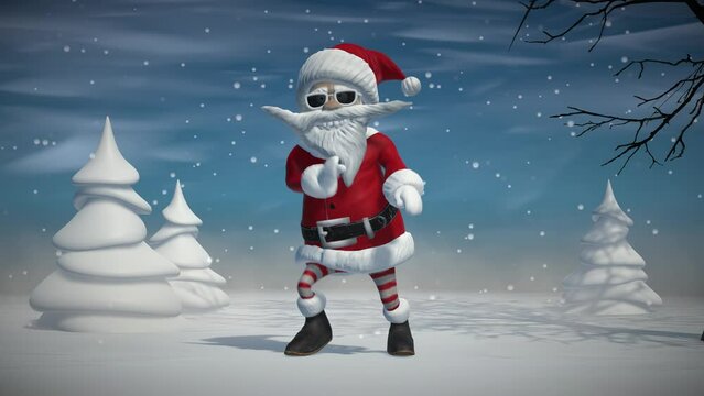 Happy smiling Santa Claus is dancing, winter Christmas landscape, with alpha matte