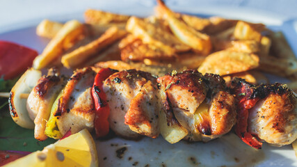 View of Souvlaki on a plate - traditional greek cuisine dish with grilled bbq chicken with french...