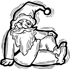 Funny Santa Claus sitting, hand drawn cartoon character, comic personage vector illustration. Decorative element for poster print, Christmas invitation, postcard design. Traditional winter holiday.