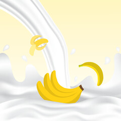 Banana milk splash with white splashing liquid. Pouring banana milk on yellow background. Fruit drink and organic dairy free vegan milk. Creative design vector illustration with empty space.