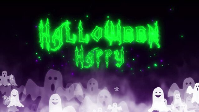 Happy Halloween neon lights text and flying ghosts on dark purple background, shiny and glowing particles and smoke, 31 October wallpaper