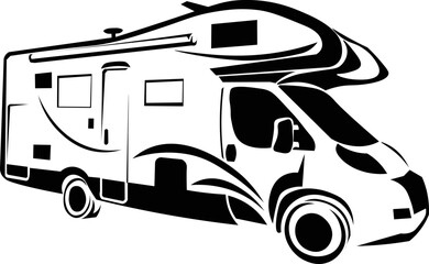 Black and White Cartoon Illustration Vector of a Caravan Motorhome 