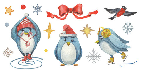 Set of watercolor christmas illustrations isolted on white - cute blue penguins skating on ice. Little birds in hats, scarves, stars and snowflakes.