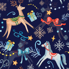 Colorful christmas seamless pattern with vintage deer and horse. New year art with gifts, bows, snowflakes and stars on dark background. Illustration for winter decor, textile and packing.