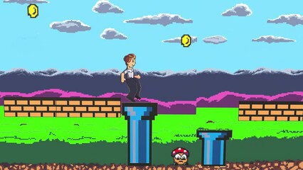 running jumping man take gold  coin fake retro arcade  2D Console game pixel art loop video game gameplay moving Around Pixelated Digital World render 3d - Powered by Adobe