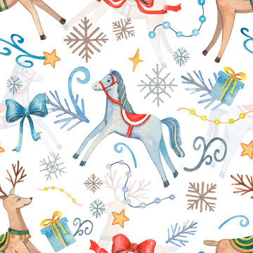 Watercolor colorful seamless christmas pattern with traditional elements. Cartoon blue horse, stars, snowflakes and gift boxes. Illustration for bew year decor and packing.