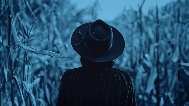 Plague doctor or death woman at night in thickets of corn field. Creepy raven mask, halloween, historical terrible protection costume concept