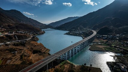 Aerial view of bridges on the Jinsha River in Lijiang, Yunnan, China