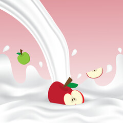 Apple milk splash with white splashing liquid. Pouring apple milk on red background. Fruit drink and organic dairy free vegan milk. Creative design vector illustration with empty space.