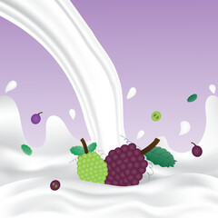Grape milk splash with white splashing liquid. Pouring grape milk on purple background. Fruit drink and organic dairy free vegan milk. Creative design vector illustration with empty space.