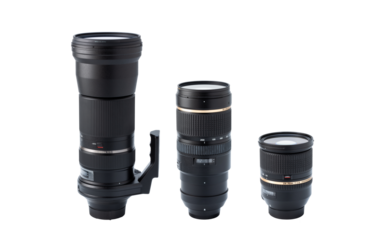 カメラレンズ３本（デジタル一眼レフ／ミラーレスカメラ機材イメージ）背景透過切り抜き合成用png素材