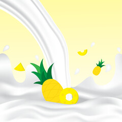 Pineapple milk splash with white splashing liquid. Pouring pineapple milk on yellow background. Fruit drink and organic dairy free vegan milk. Creative design vector illustration with empty space.
