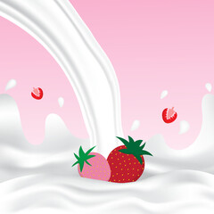 Strawberry milk splash with white splashing liquid. Pouring strawberry milk on pink background. Fruit drink and organic dairy free vegan milk. Creative design vector illustration with empty space.