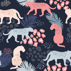 Seamless pattern with leopards, palm leaves, animal print. Creative texture for fabric, wrapping, textile, wallpaper, apparel. Vector illustration background © artlavi_design
