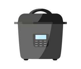 Multicooker food automatic tech cooker black flat. Self cooking integrated menu built in program selection display control screen closed saucepan front electric timer pressure slow cook icon isolated