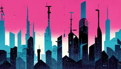 Poster Abstract stadsgezicht met een spectaculair contrast van roze en blauw, een gebouw in silhouet en een witte achtergrond. Digitale kunst 3D illustratie. Panoramische opname. © Summit Art Creations