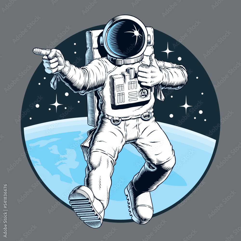 Wall mural astronaut in space pointing and showing thumb up gesture. positive thinking or success concept. vect