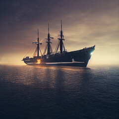 Warship at sea during the night watch. 3D illustration