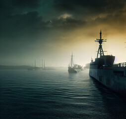 Obraz premium Warship at sea during the night watch. 3D illustration