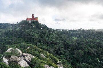 Fototapeta na wymiar Landscape of Pena Palace with forest from Sintra, Portual
