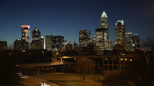 Lockdown Shot Of Illuminated Modern Buildings Against Clear Sky In City At Night - Charlotte, North Carolina