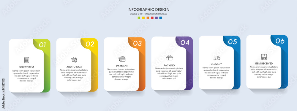 Poster process of online shopping with 6 steps. steps business timeline process infographic template