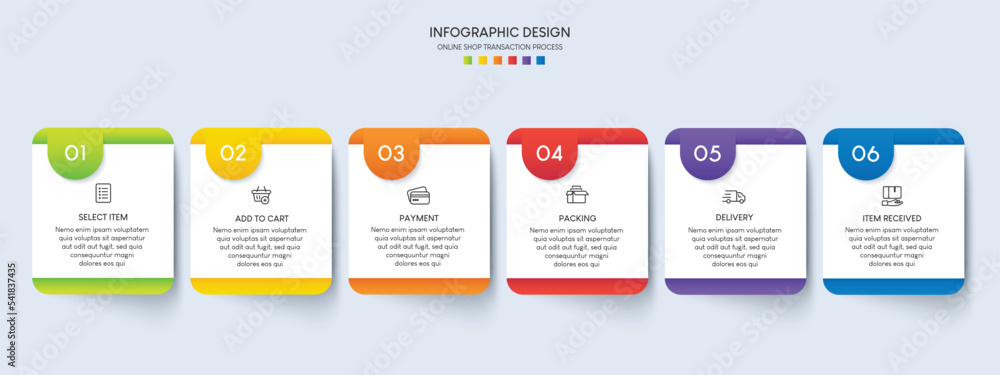 Poster process of online shopping with 6 steps. steps business timeline process infographic template