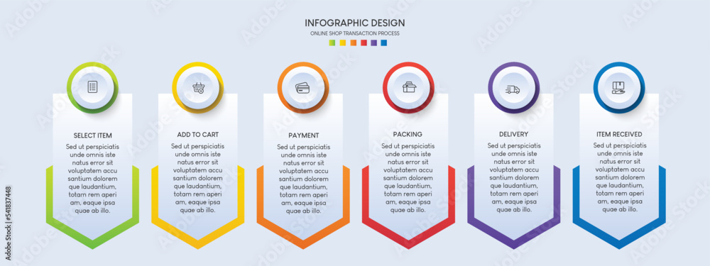 Poster process of online shopping with 6 steps. steps business timeline process infographic template